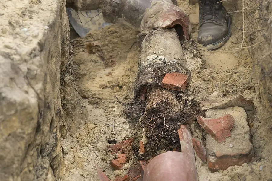 Clogged underground sewer pipe with gas smell
